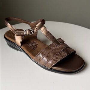 SAS Capri T-Strap sandal in a brown/bronze snake-print leather 7 N